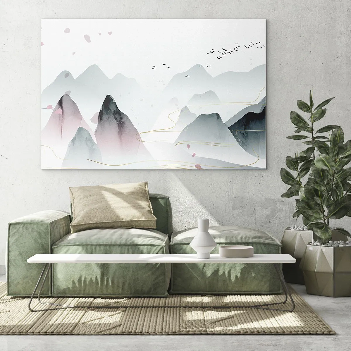 Glass picture - Pastel mountains with a flock of flying birds and golden lines - 70x50cm - Over the Peaks - Modern wall decoration for the living room and bedroom ARTTOR