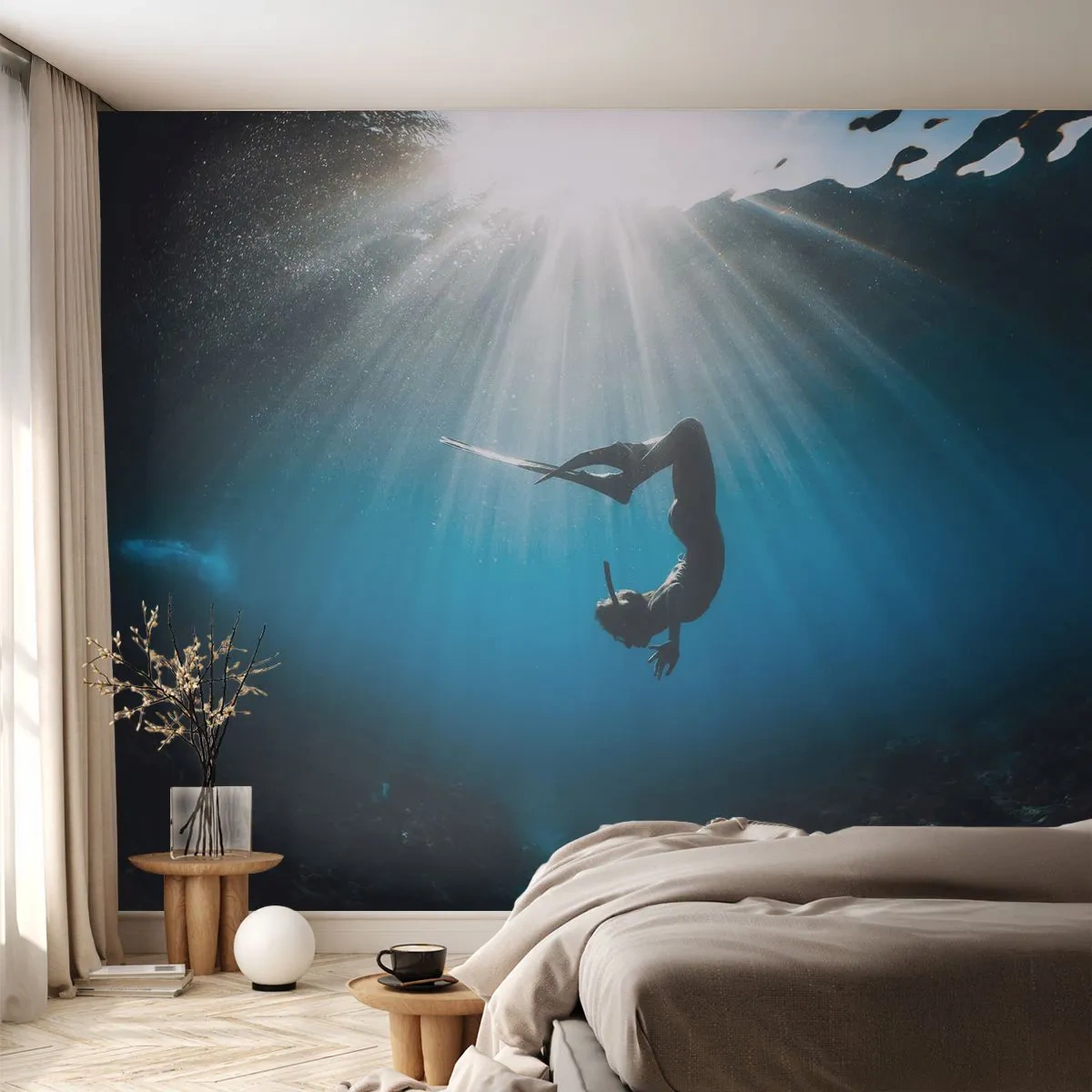 Photo Wallpaper Premium Sand - Underwater dance - Underwater Cave, Rays of the sun, Diving - 350x256 cm