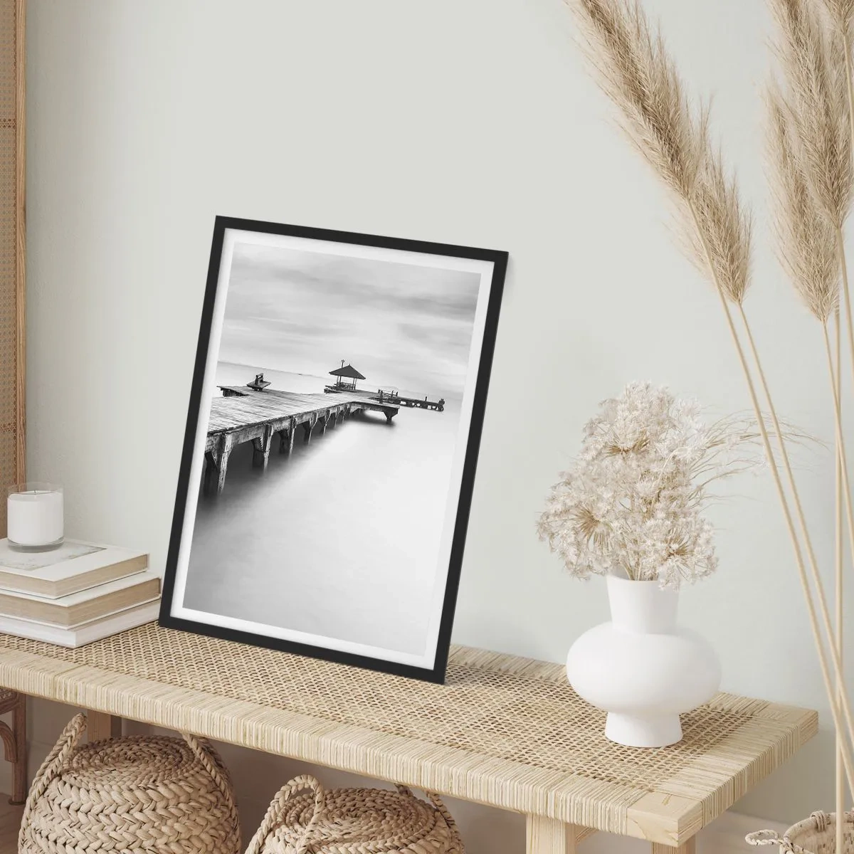 Poster in black frame - A black and white pier over a calm sea - 50x70cm - Into the Distance - Modern wall decoration for the living room and bedroom ARTTOR