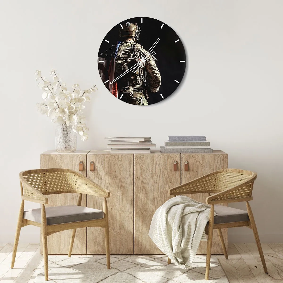 Wall clock - Clock on glass - A soldier in uniform with a backpack and a flag against a dark background - 30x30cm - That's Why - Modern wall decoration for the living room, kitchen, and bedroom ARTTOR