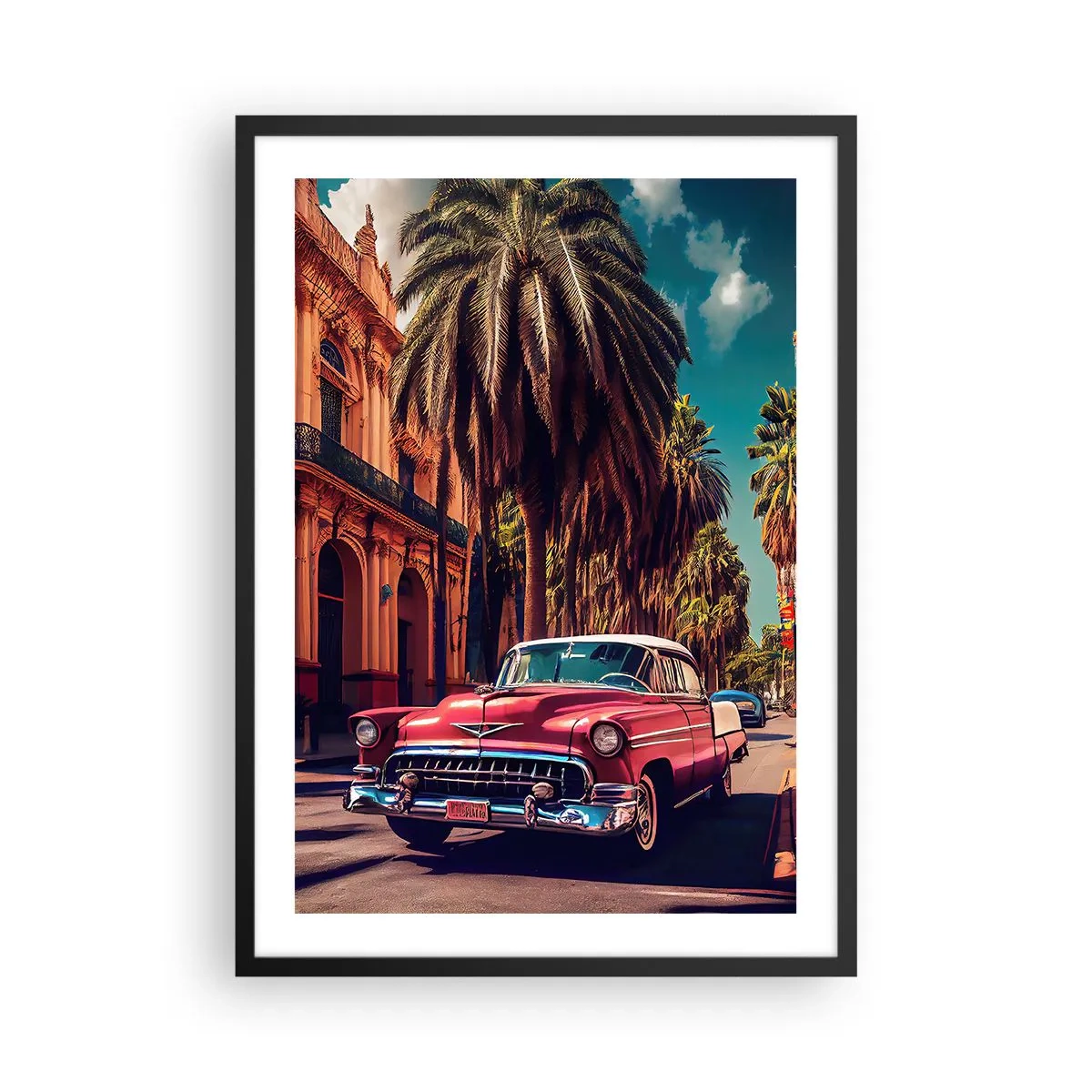 Poster in black frame - A classic car against the backdrop of a tropical city - 50x70cm - Still in Havana - Modern wall decoration for the living room and bedroom ARTTOR