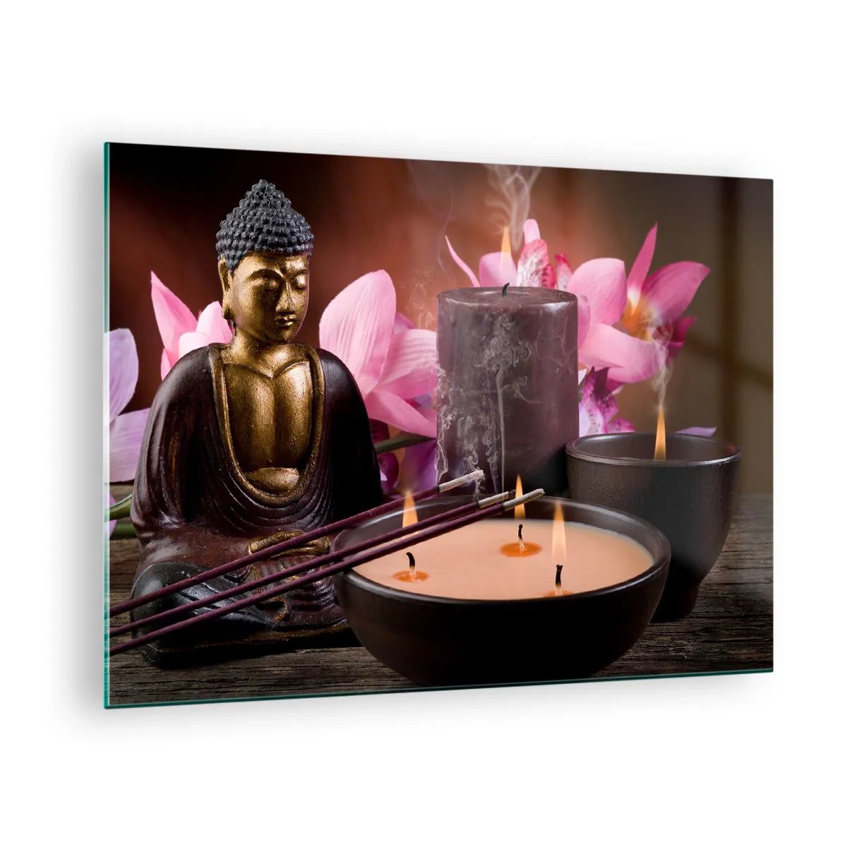Glass picture - Relaxation composition with Buddha, candles and flowers - 70x50cm - Clear the Mind, Calm the Body - Modern wall decoration for the living room and bedroom ARTTOR
