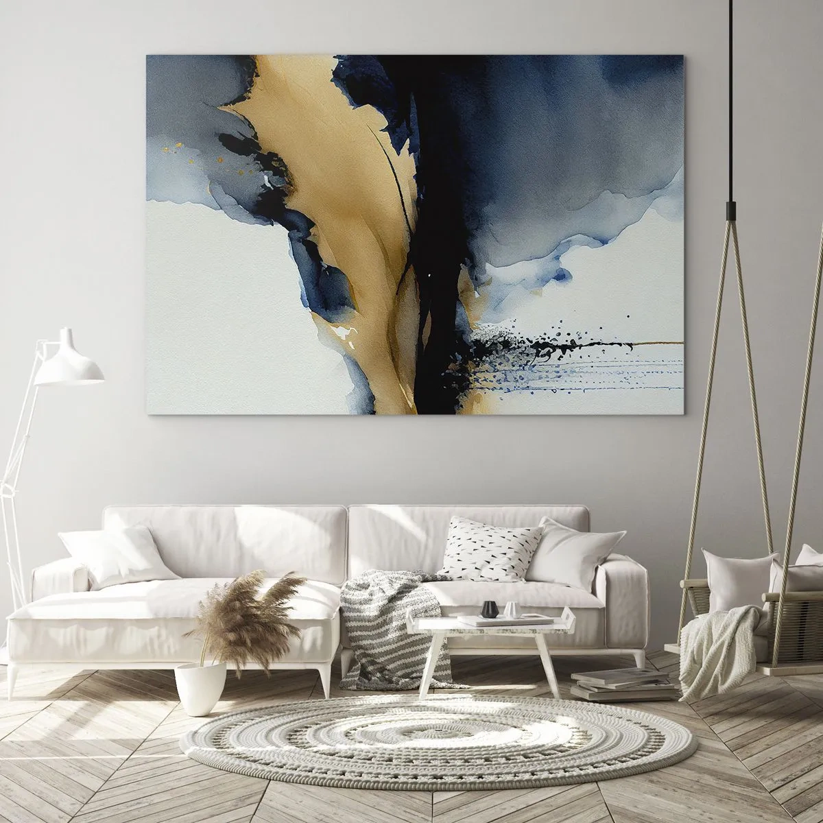 Glass picture - An abstract composition in shades of navy blue and beige - 70x50cm - Behind the Curtain - Modern wall decoration for the living room and bedroom ARTTOR