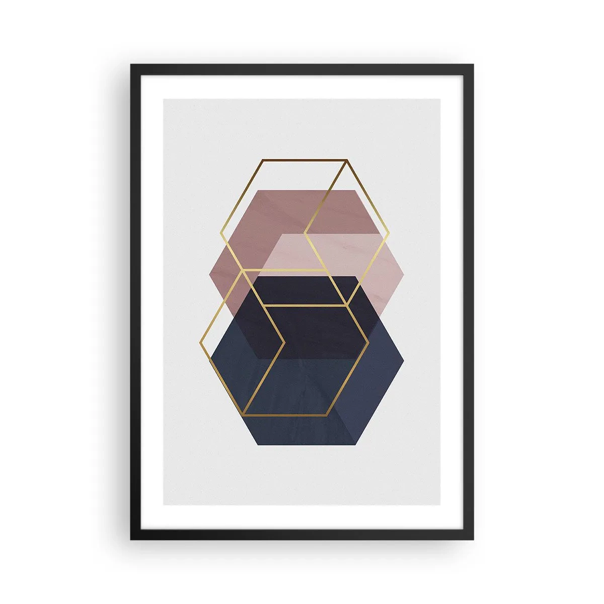 Poster in black frame - Golden geometric shapes on a background in shades of navy blue and pink - 50x70cm - Power of Simplicity - Modern wall decoration for the living room and bedroom ARTTOR