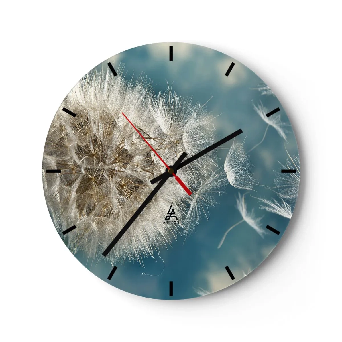Wall clock - Clock on glass - A dandelion against a blue sky with floating seeds - 30x30cm - Breath of an Angel - Modern wall decoration for the living room, kitchen, and bedroom ARTTOR