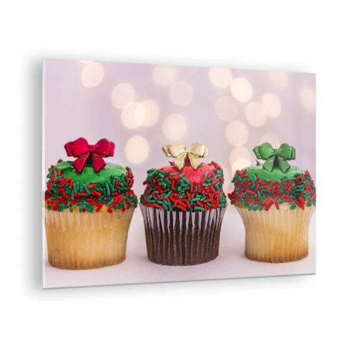 Glass picture - Christmas cupcakes with bow decorations - 70x50cm - Cakes with a Bow - Modern wall decoration for the living room and bedroom ARTTOR