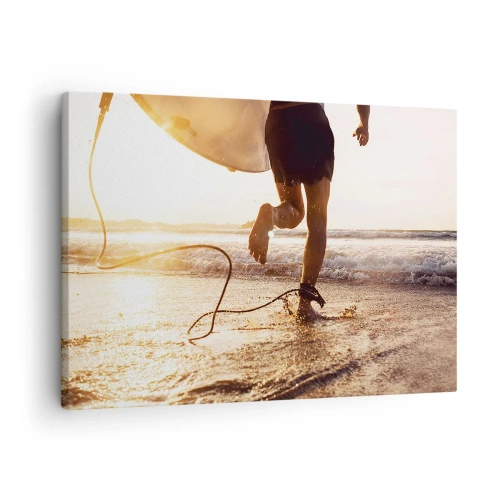 Canvas picture - A surfer runs along the beach with his board in the sunshine. - 70x50cm - Encounter with a Wave - Modern wall decoration for the living room and bedroom ARTTOR