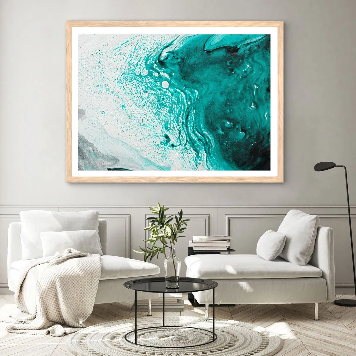 Poster in light oak frame - Dissolving in White and Turquoise - 40x30 cm
