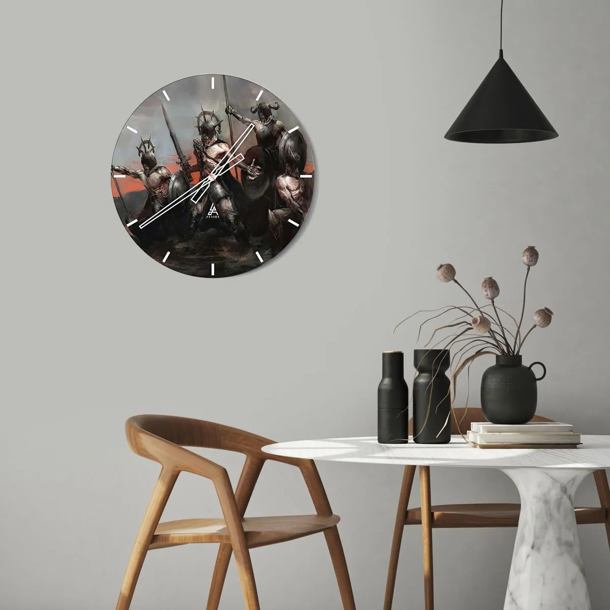 Wall clock - Clock on glass - A group of armored warriors with shields and spears in a dynamic scene - 30x30cm - With Your Shield Or on It - Modern wall decoration for the living room, kitchen, and bedroom ARTTOR
