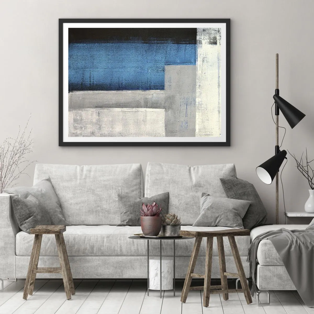 Poster in black frame - Poetic Composition of Blue and Grey - 40x30 cm