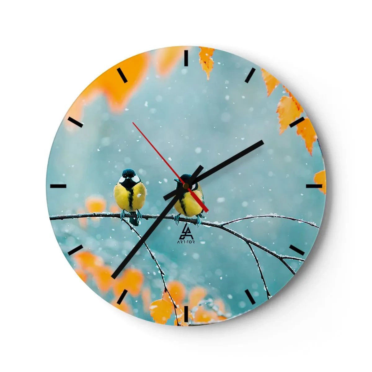 Wall clock - Clock on glass - Two tits on a snow-covered branch in a winter scenery - 30x30cm - Birdy Gossip - Modern wall decoration for the living room, kitchen, and bedroom ARTTOR