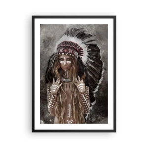Poster in black frame - A woman in a feathered headdress with white body paintings - 50x70cm - Secret of the Power of the Tribe - Modern wall decoration for the living room and bedroom ARTTOR