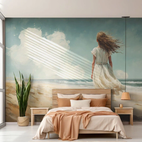 Photo Wallpaper Premium Sand - Meeting the Sun aand the Wind - Girl, Beach, Walk - 250x175 cm