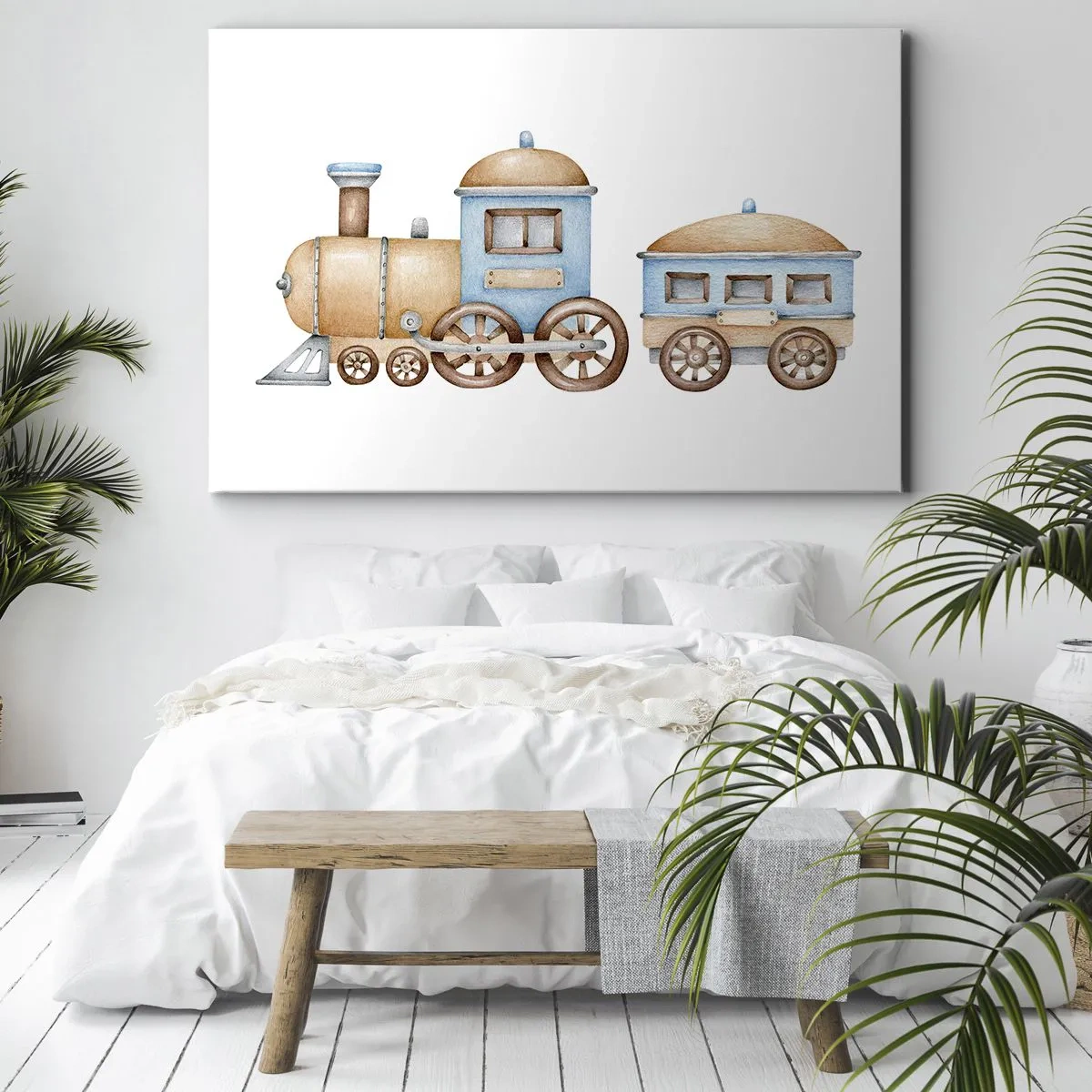Canvas picture - Drawing of a train in pastel shades on a white background - 70x50cm - Standing at the Station… - Modern wall decoration for the living room and bedroom ARTTOR