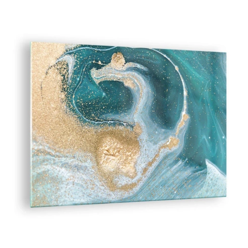 Glass picture - Gold on turquoise waves in an abstract style - 70x50cm - Swirl of Gold and Turquiose - Modern wall decoration for the living room and bedroom ARTTOR