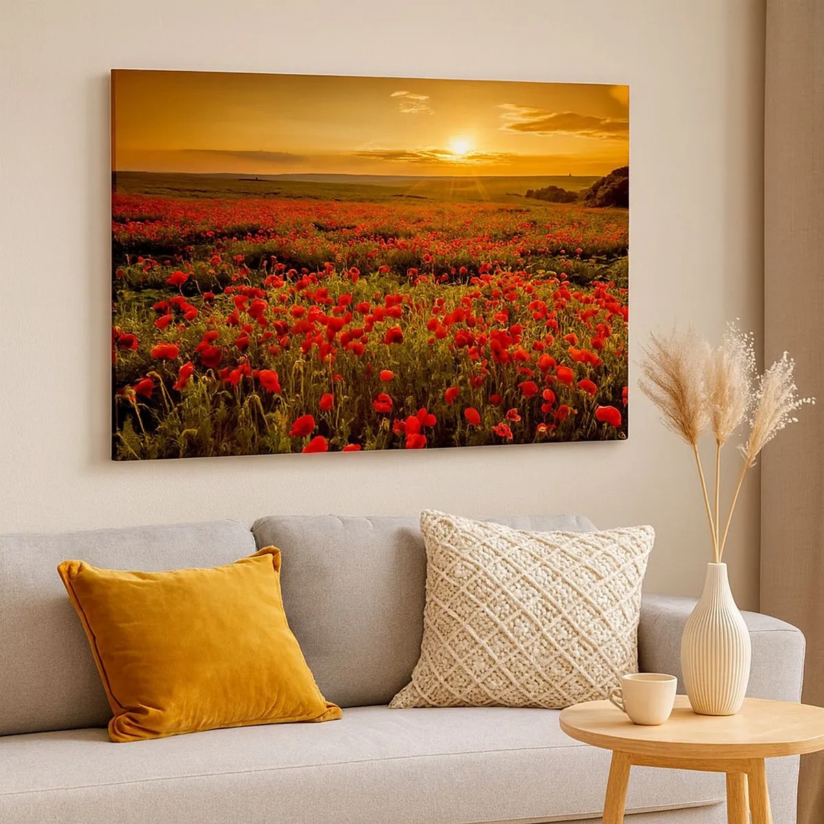 Canvas picture - A field of red poppies in the glow of the setting sun - 70x50cm - In the Meadow, among Flood of Flowers - Modern wall decoration for the living room and bedroom ARTTOR