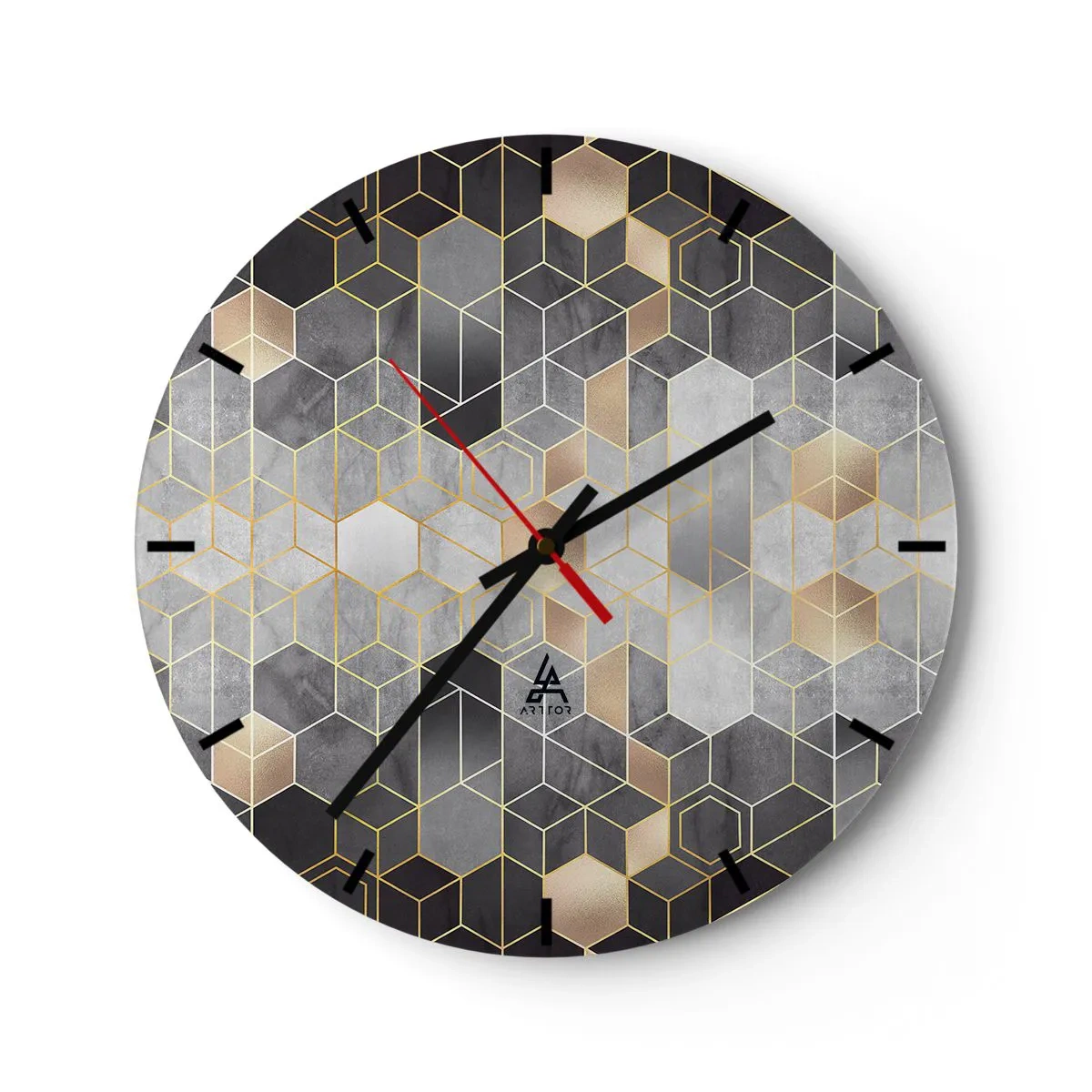 Wall clock - Clock on glass - Geometric mosaic in shades of gray and gold - 30x30cm - Diamond Composition - Modern wall decoration for the living room, kitchen, and bedroom ARTTOR