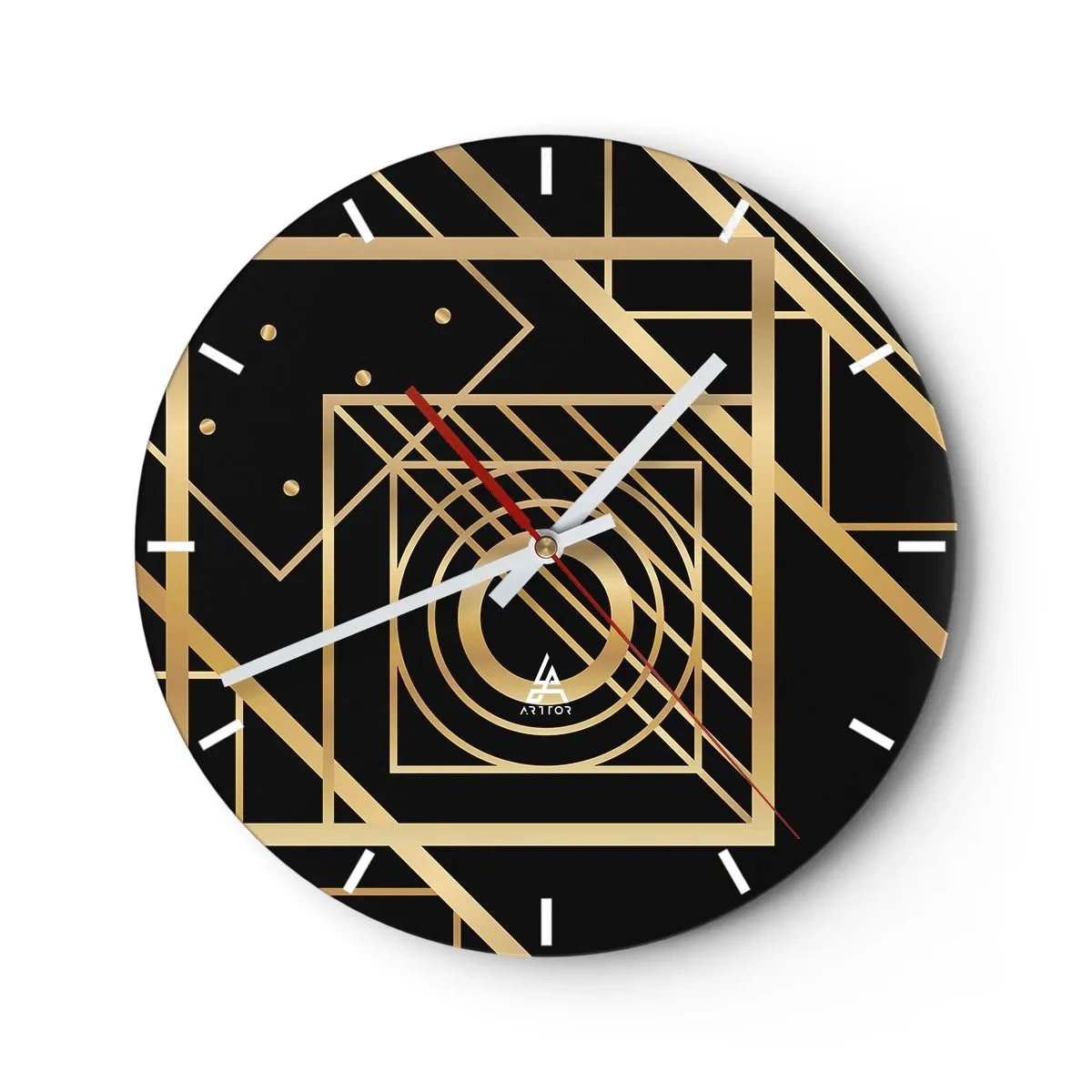Wall clock - Clock on glass - Golden geometric pattern on a black background - 30x30cm - Golden Geometry - Modern wall decoration for the living room, kitchen, and bedroom ARTTOR