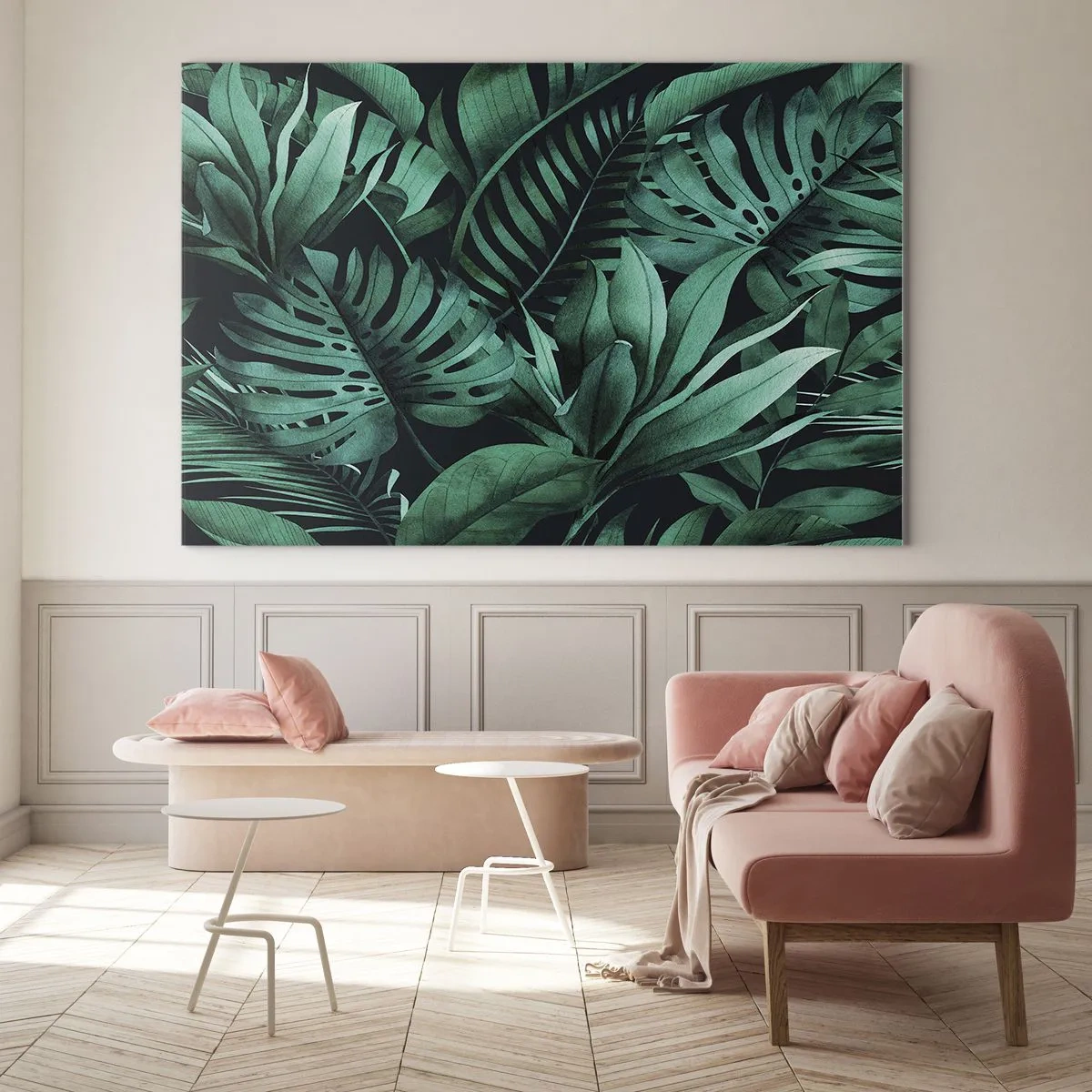 Glass picture - Lush green leaves in a tropical composition - 70x50cm - Depth of Tropical Green - Modern wall decoration for the living room and bedroom ARTTOR