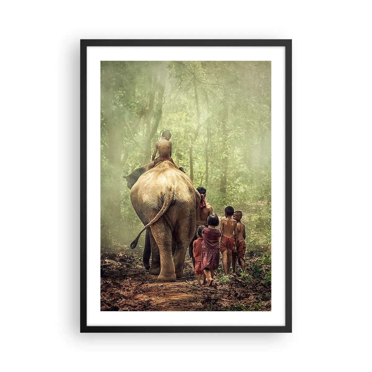 Poster in black frame - Children and an elephant in the rainforest - 50x70cm - New Jungle Book - Modern wall decoration for the living room and bedroom ARTTOR