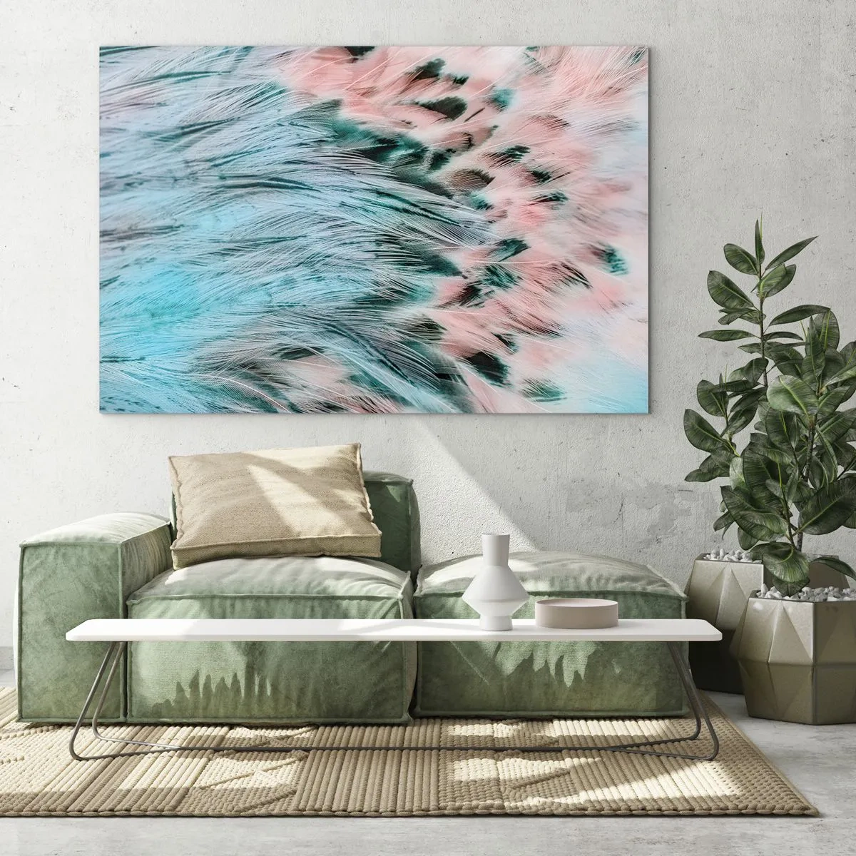 Glass picture - Close-up of feathers in sapphire-pink shades - 70x50cm - Sapphire and Pink Feathers - Modern wall decoration for the living room and bedroom ARTTOR