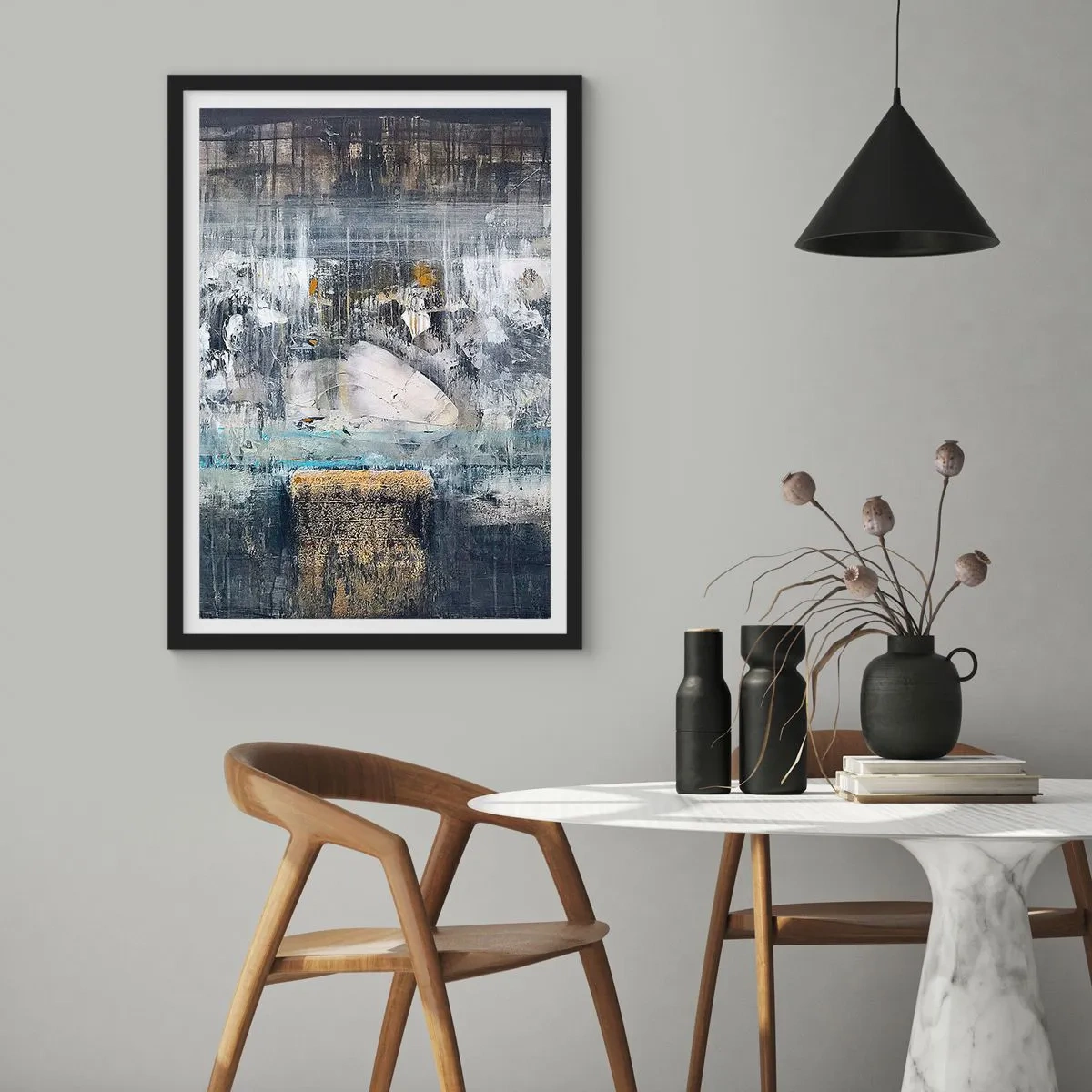 Poster in black frame - An abstract composition in shades of gray and gold. - 50x70cm - Icy Path - Modern wall decoration for the living room and bedroom ARTTOR