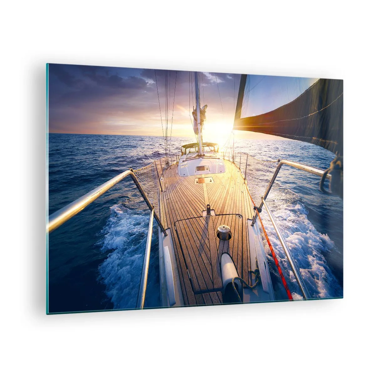 Glass picture - The deck of a sailboat against the backdrop of the setting sun and sea waves - 70x50cm - Running on Waves - Modern wall decoration for the living room and bedroom ARTTOR