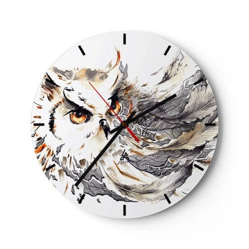 Wall clock - Clock on glass - An owl with an intense gaze surrounded by artistic feathers - 30x30cm - She Came from the Land of Magic - Modern wall decoration for the living room, kitchen, and bedroom ARTTOR