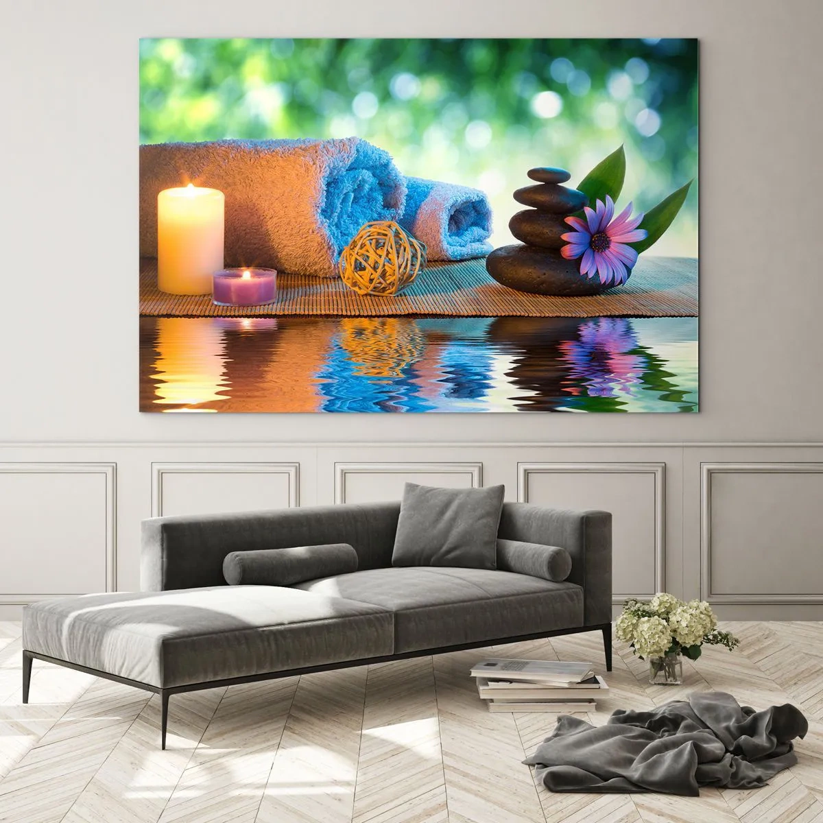 Glass picture - Spa with towels, candles, and stones against a natural backdrop - 70x50cm - Time for the Body - Modern wall decoration for the living room and bedroom ARTTOR