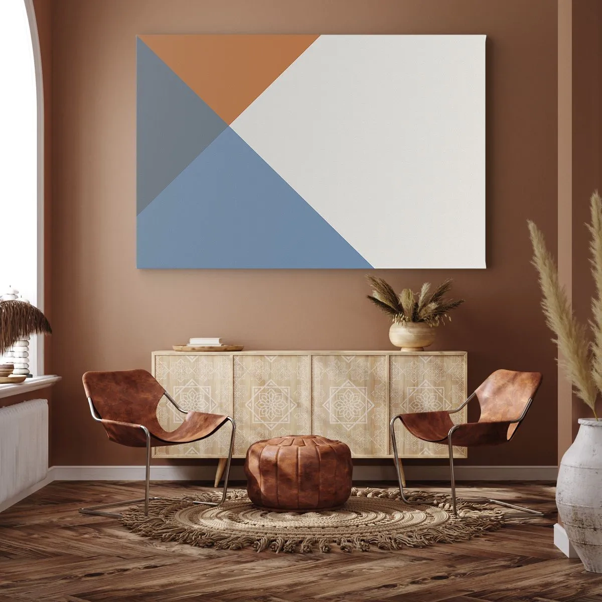 Canvas picture - Geometric triangles in shades of blue and orange - 70x50cm - At an Angle… - Modern wall decoration for the living room and bedroom ARTTOR