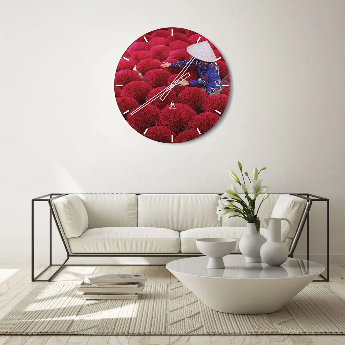 Wall clock - Clock on glass - Drying red incense sticks in a traditional field - 30x30cm - In the Rice Field  - Modern wall decoration for the living room, kitchen, and bedroom ARTTOR