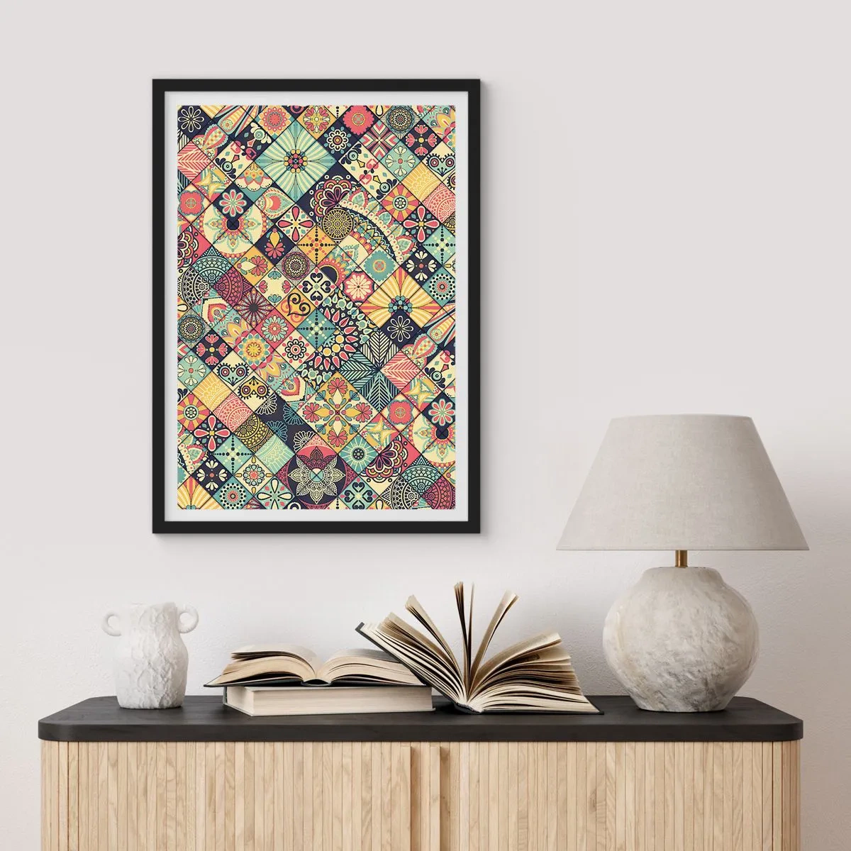 Poster in black frame - Colorful mosaic-style pattern - 50x70cm - Moroccan Style - Modern wall decoration for the living room and bedroom ARTTOR