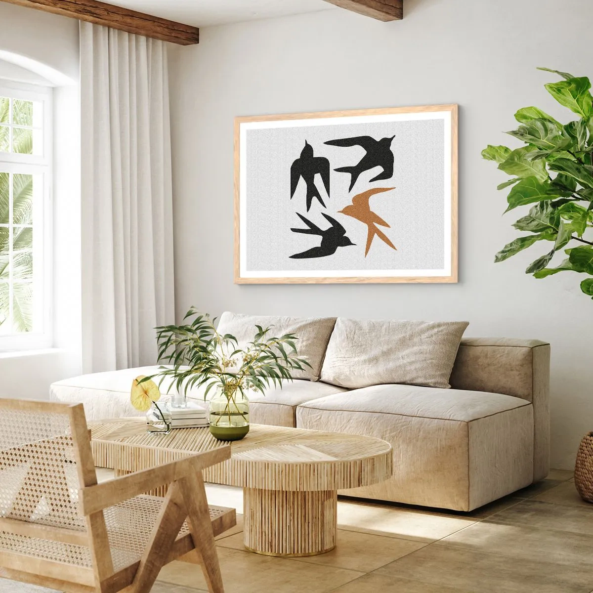 Poster in light oak frame - Swallows at Play - 50x40 cm