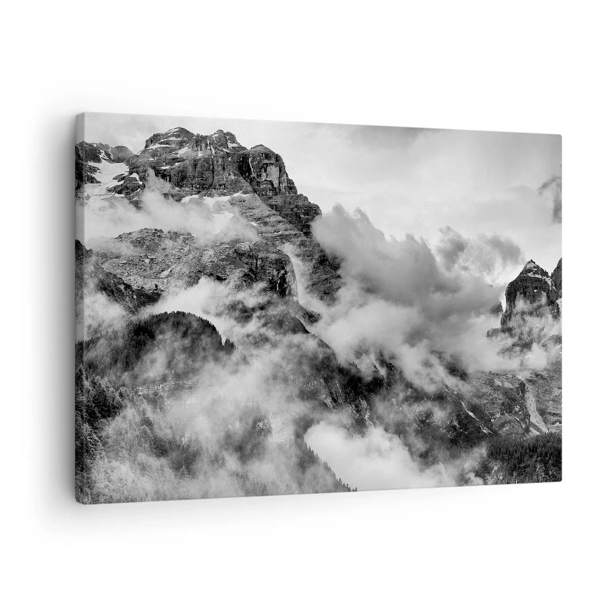 Canvas picture - Black and white view of mountains surrounded by clouds - 70x50cm - Beautiful and Cruel - Modern wall decoration for the living room and bedroom ARTTOR