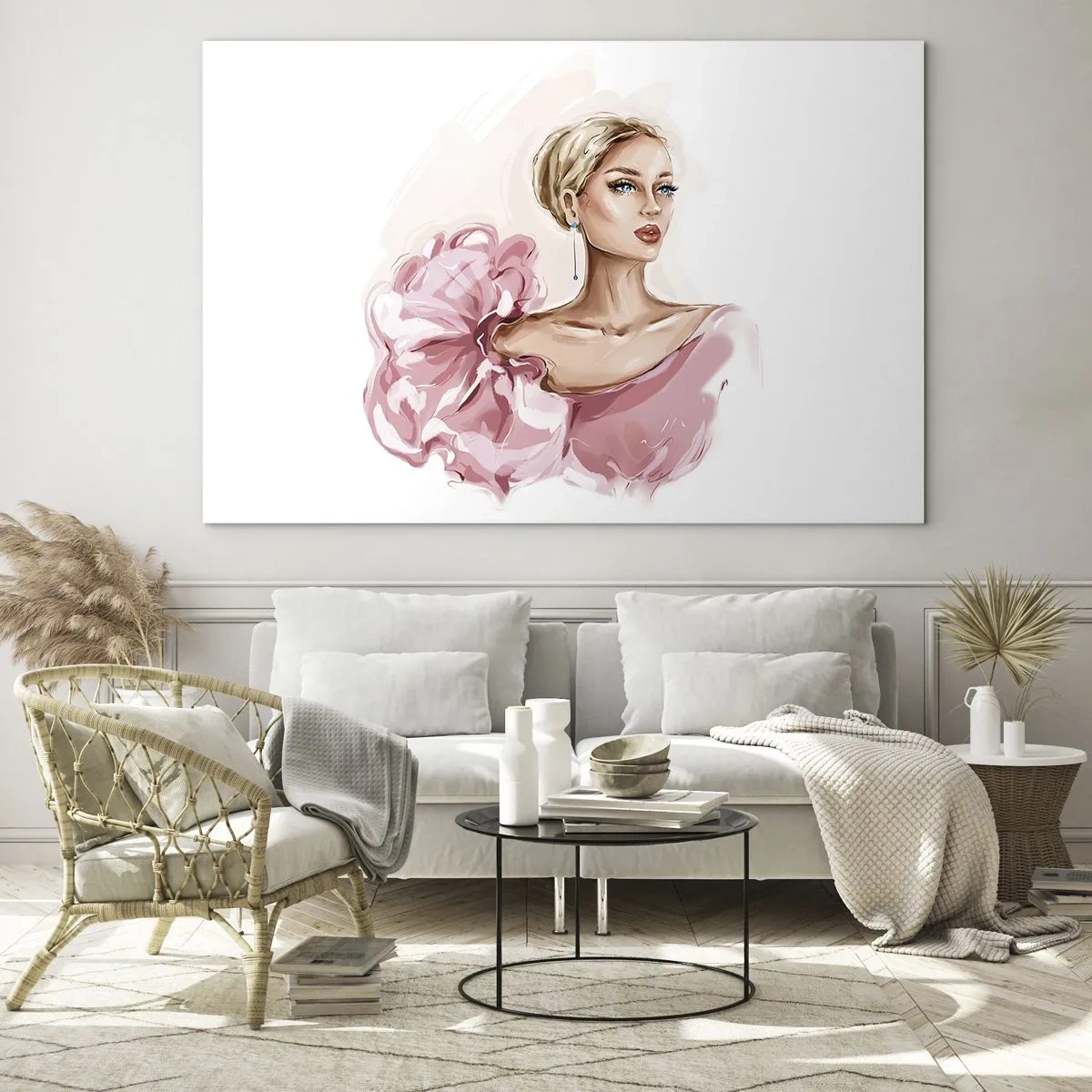 Glass picture - Stylized portrait of a woman in a pink dress - 70x50cm - Like a Painitng - Modern wall decoration for the living room and bedroom ARTTOR