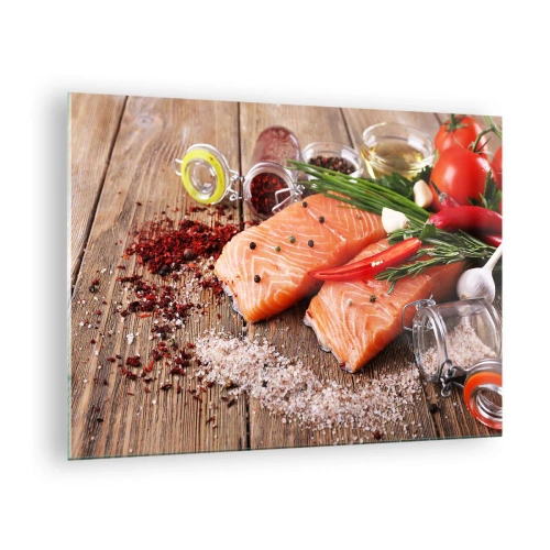 Glass picture - Salmon fillets with spices on a wooden countertop - 70x50cm - Norwegian Adventure in the Kitchen - Modern wall decoration for the living room and bedroom ARTTOR