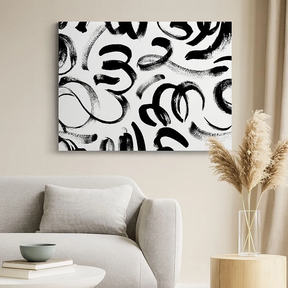 Canvas picture - Black abstract brush strokes on a white background - 70x50cm - Black on White - Modern wall decoration for the living room and bedroom ARTTOR