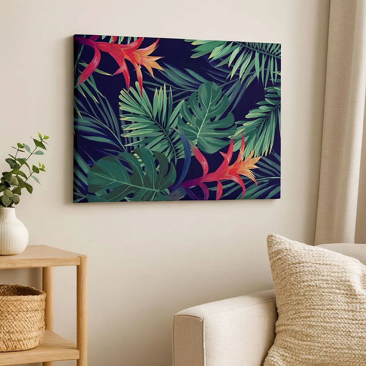 Canvas picture - Tropical leaves and flowers on a dark background - 70x50cm - Burn in Green - Modern wall decoration for the living room and bedroom ARTTOR