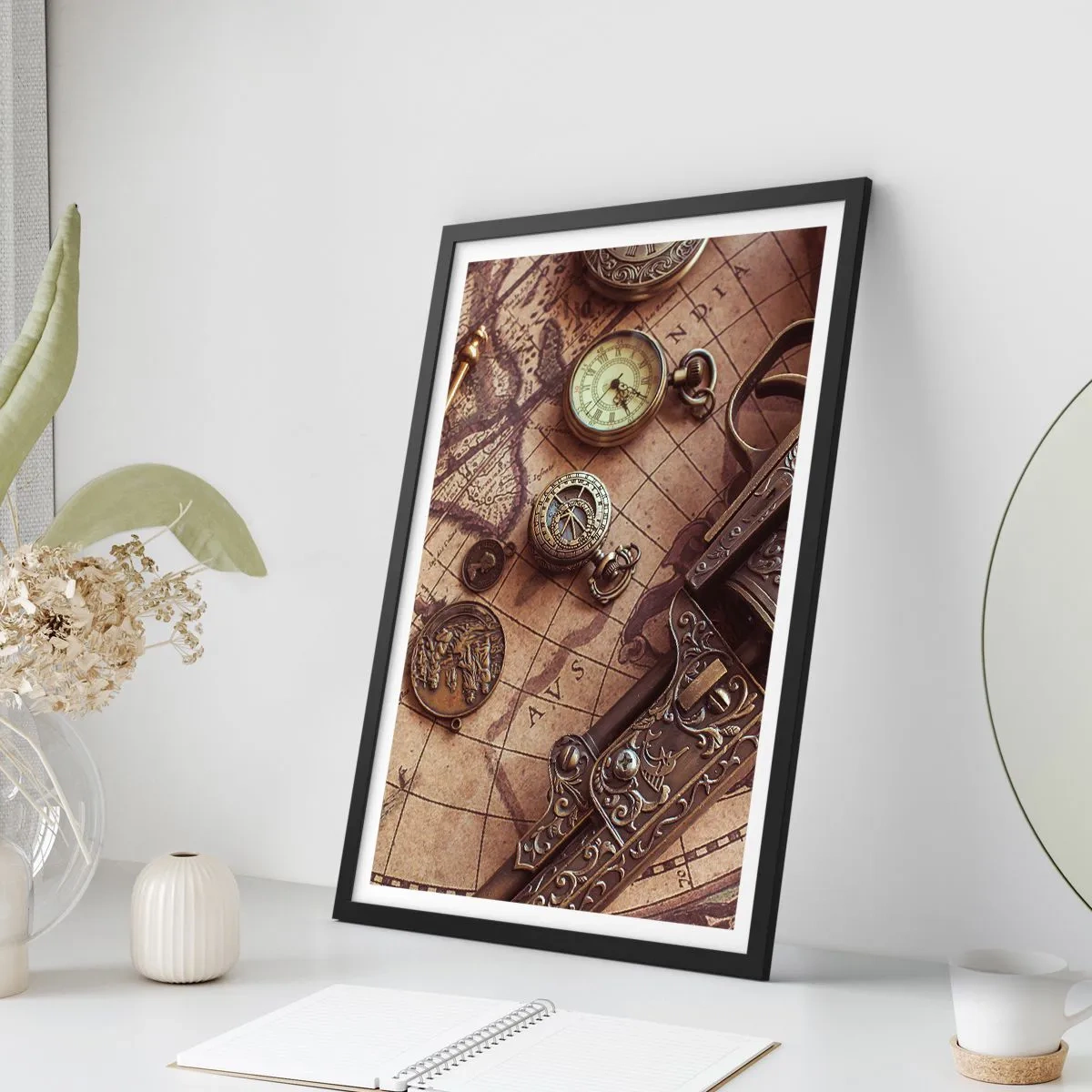 Poster in black frame - A compass, a map, and old-fashioned items symbolizing adventure - 50x70cm - Adventure Calls - Modern wall decoration for the living room and bedroom ARTTOR