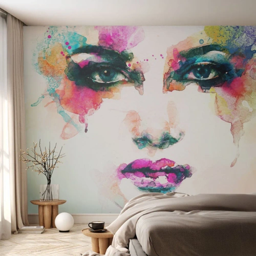 Photo Wallpaper Premium Canvas - Portrait Painted by a Rainbow - Abstraction, Woman's Face, Piece - 300x210 cm