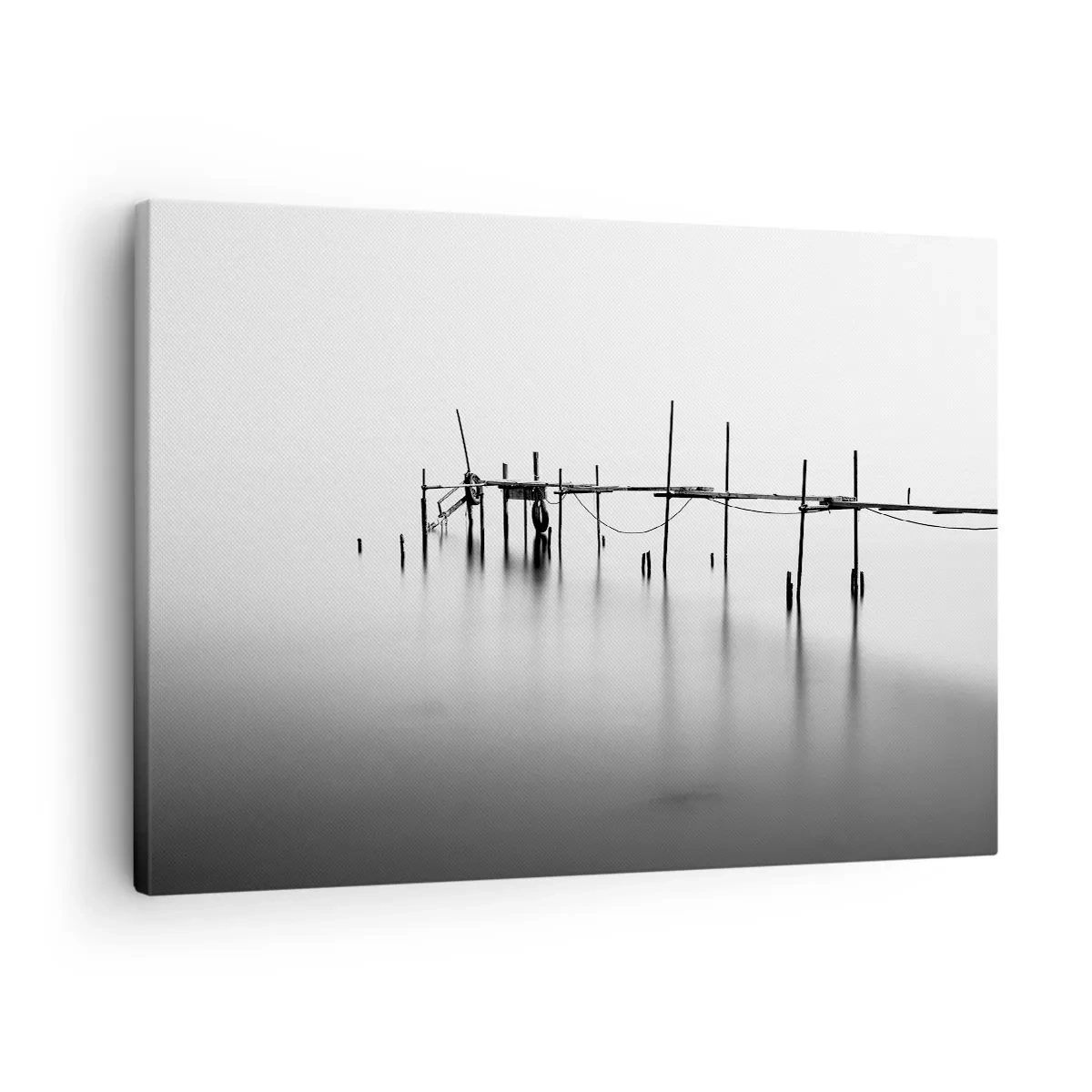 Canvas picture - A black and white jetty immersed in a misty landscape - 70x50cm - And If the World Doesn't Exist? - Modern wall decoration for the living room and bedroom ARTTOR