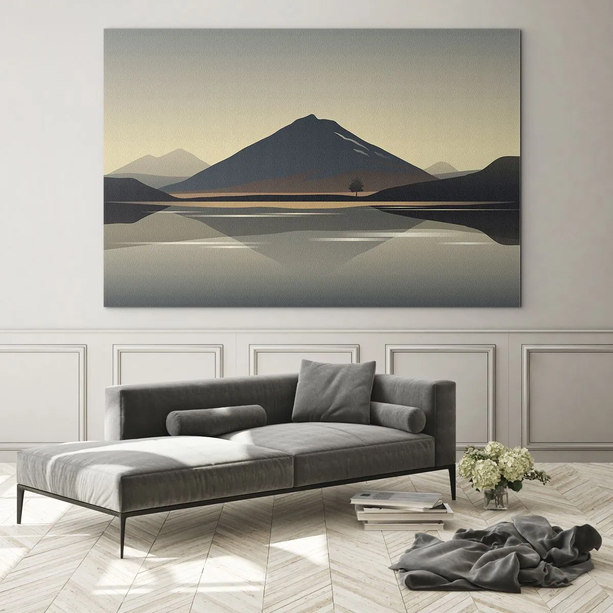 Glass picture - Mountains and lake in warm tones with a reflective effect - 70x50cm - Mirror Image - Modern wall decoration for the living room and bedroom ARTTOR