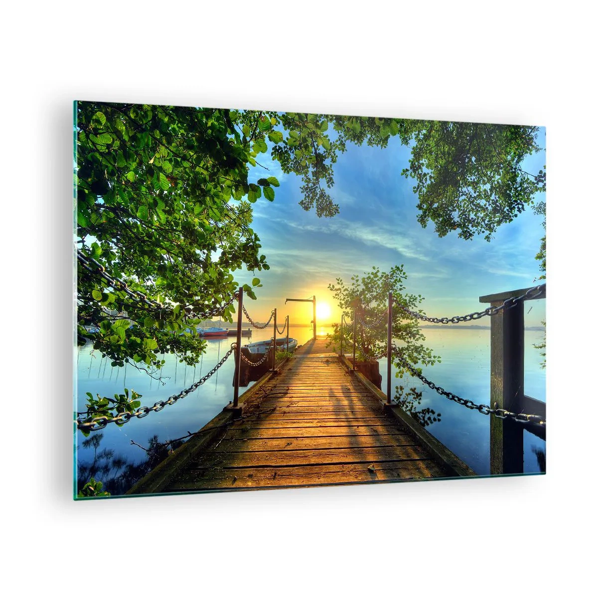 Glass picture - A pier overlooking the sunset over the lake - 70x50cm - Sunset by the Water - Modern wall decoration for the living room and bedroom ARTTOR