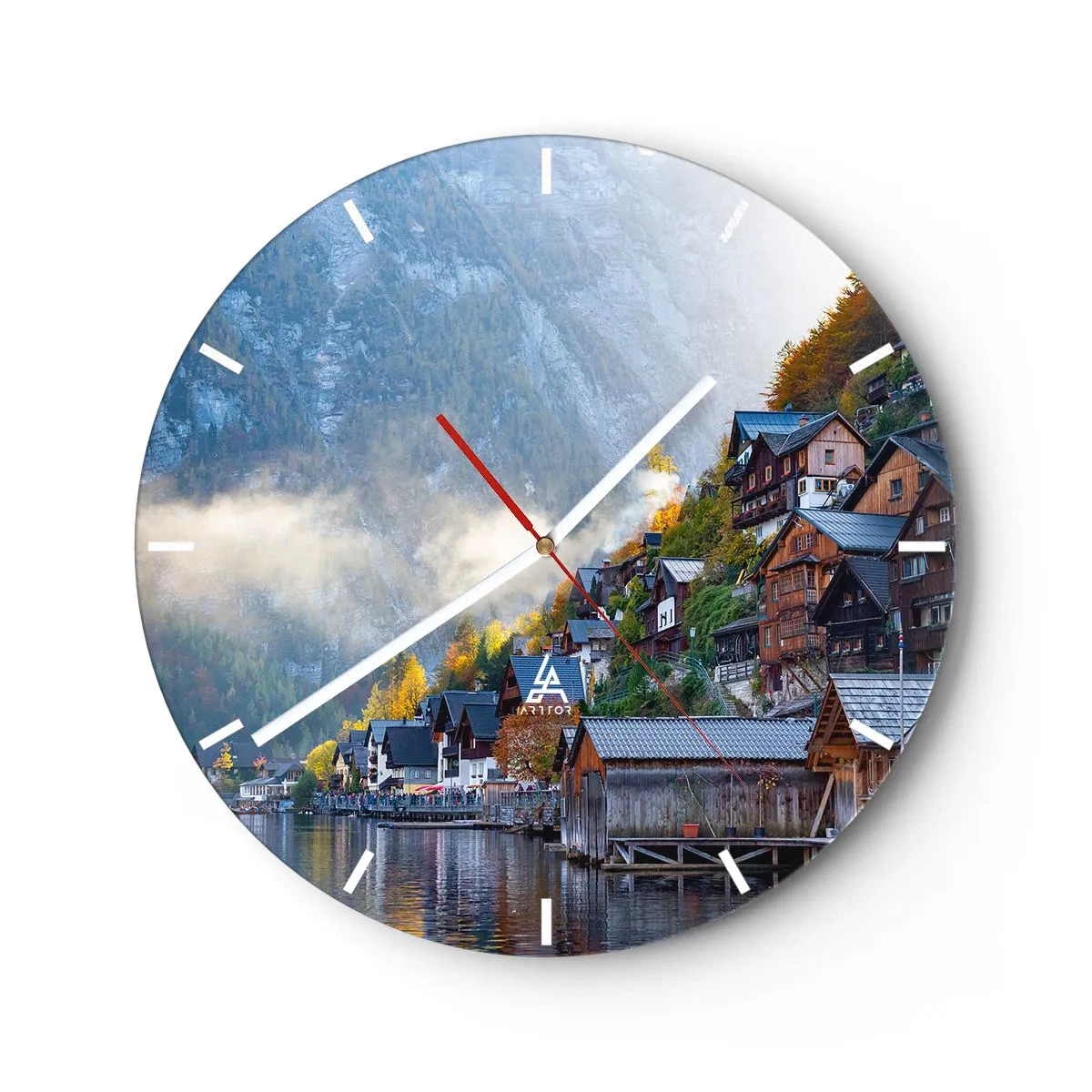 Wall clock - Clock on glass - A mountain village by a lake in the morning light - 30x30cm - Alpine Atmosphere - Modern wall decoration for the living room, kitchen, and bedroom ARTTOR