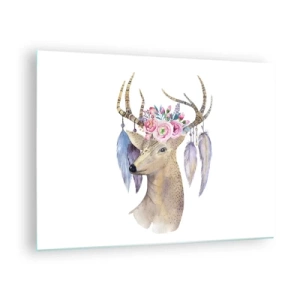 Glass picture - Deer with a flower wreath and feathers - 70x50cm - Guide of the Soul - Gentle, Innocent - Modern wall decoration for the living room and bedroom ARTTOR