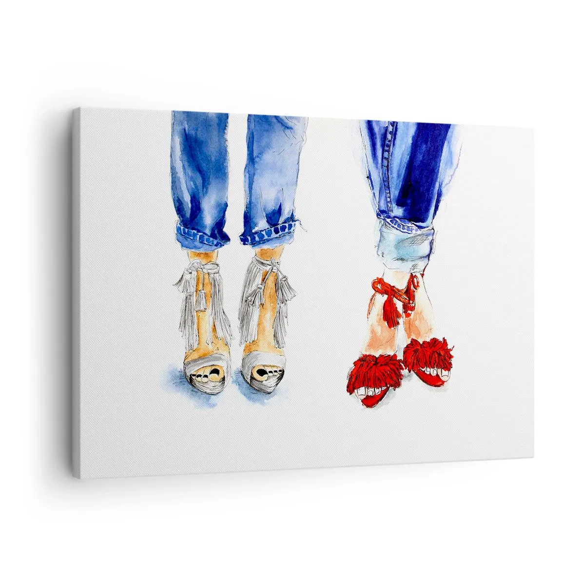 Canvas picture - Illustration of two pairs of shoes in stylish sandals and jeans - 70x50cm - Shall We Go for a Walk? - Modern wall decoration for the living room and bedroom ARTTOR