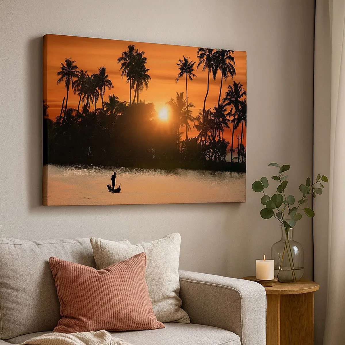 Canvas picture - Sunset over palm trees and a calm lake with a boat - 70x50cm - Time for Rest - Modern wall decoration for the living room and bedroom ARTTOR