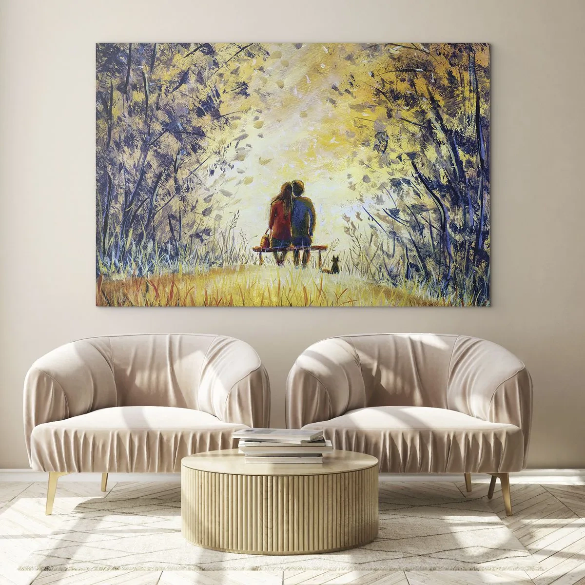 Glass picture - A couple on a bench in a magical moment - 70x50cm - Magical Moment - Modern wall decoration for the living room and bedroom ARTTOR