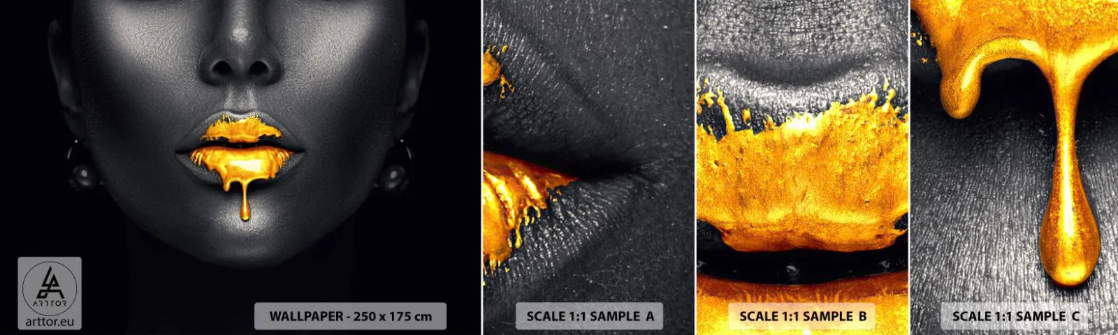 Photo Wallpaper Sample Self-Adhesive Deluxe Sticker - Golden Lips - Abstraction, Woman's Mouth, Woman's Face - 100x30 cm