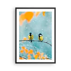 Poster in black frame - Two tits sitting on a branch in a winter scenery - 50x70cm - Birdy Gossip - Modern wall decoration for the living room and bedroom ARTTOR